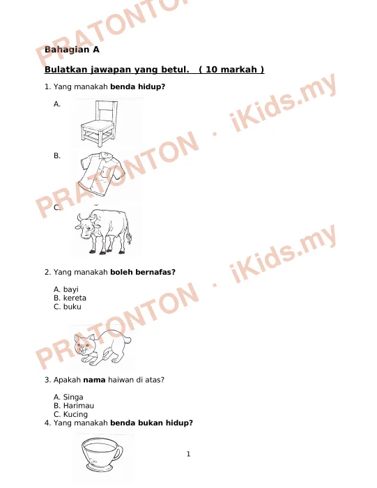 Pratonton muka 1 lembaran Bahagian A — Sains Tahun 1