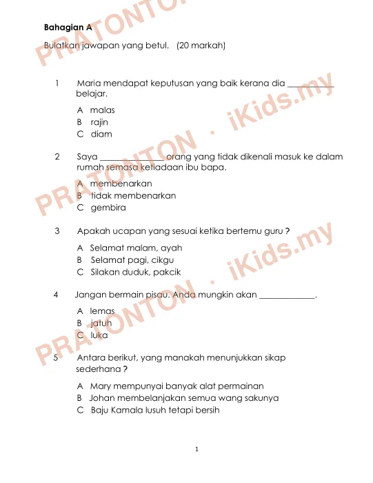 Pratonton muka 1 lembaran Bahagian A — Bahasa Inggeris Tahun 3