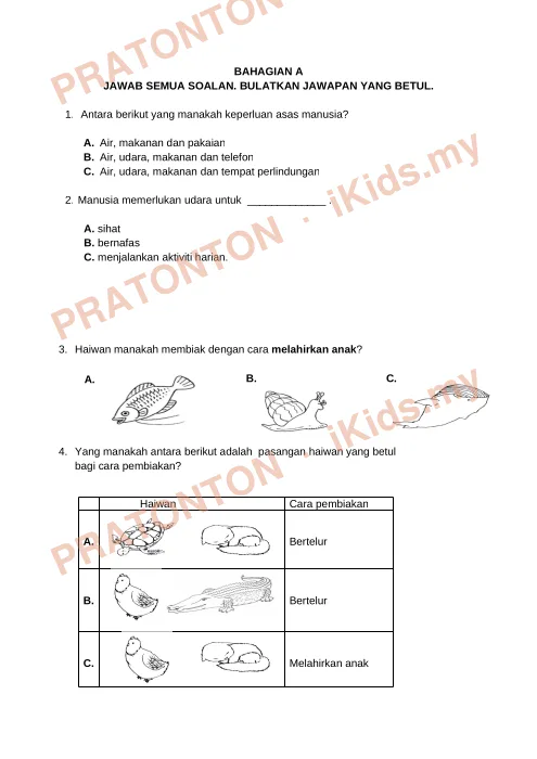 Pratonton muka 1 lembaran BAHAGIAN A — Sains Tahun 2