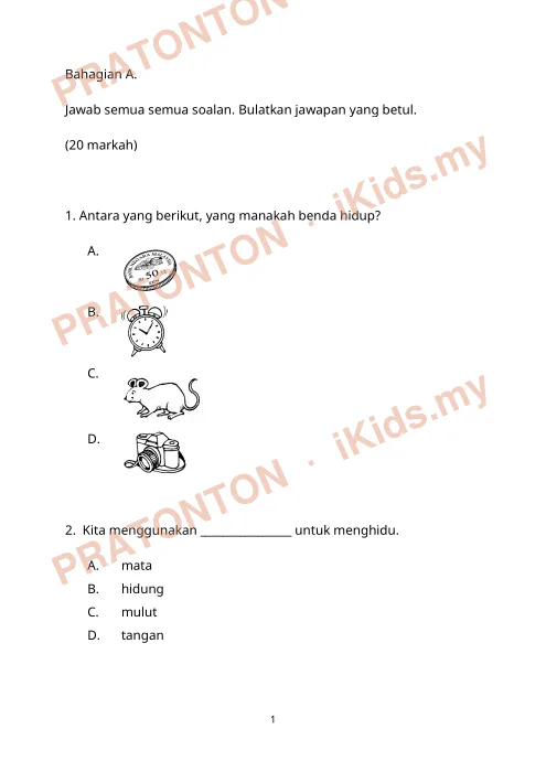 Pratonton muka 1 lembaran Bahagian A. — Sains Tahun 2