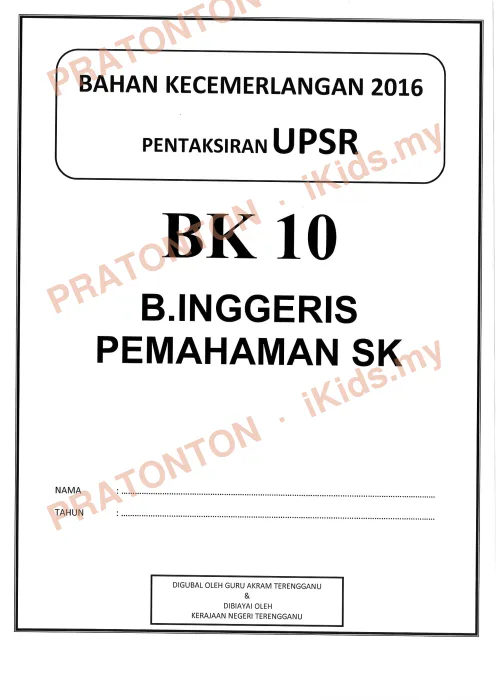 Pratonton muka 1 lembaran Bahan Kecemerlangan UPSR 2016 (BK 10) — Bahasa Inggeris SK Pemahaman — Bahasa Inggeris Tahun 6