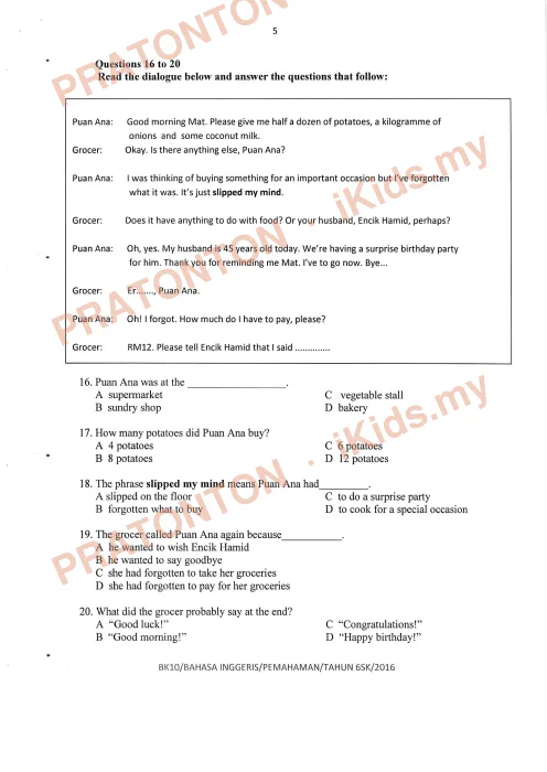 Pratonton muka 5 lembaran Bahan Kecemerlangan UPSR 2016 (BK 10) — Bahasa Inggeris SK Pemahaman — Bahasa Inggeris Tahun 6