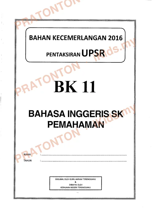 Pratonton muka 1 lembaran Bahan Kecemerlangan UPSR 2016 (BK 11) — Bahasa Inggeris SK Pemahaman — Bahasa Inggeris Tahun 6