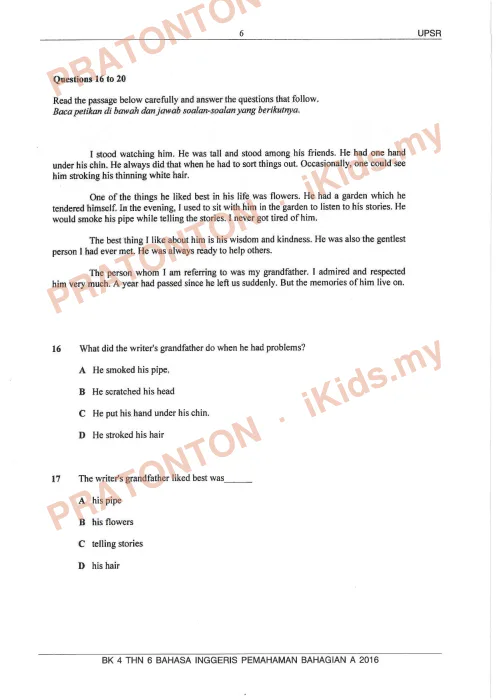 Pratonton muka 6 lembaran Bahan Kecemerlangan UPSR 2016 (BK 4) — Bahasa Inggeris SK Pemahaman — Bahasa Inggeris Tahun 6