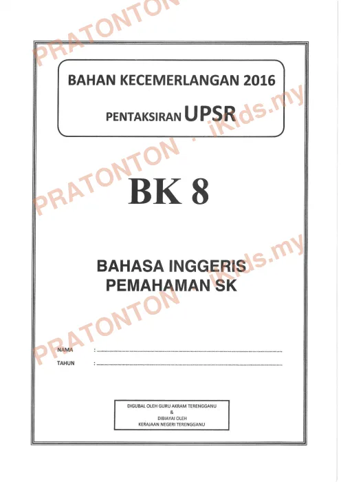 Pratonton muka 1 lembaran Bahan Kecemerlangan UPSR 2016 (BK 8) — Bahasa Inggeris SK Pemahaman — Bahasa Inggeris Tahun 6