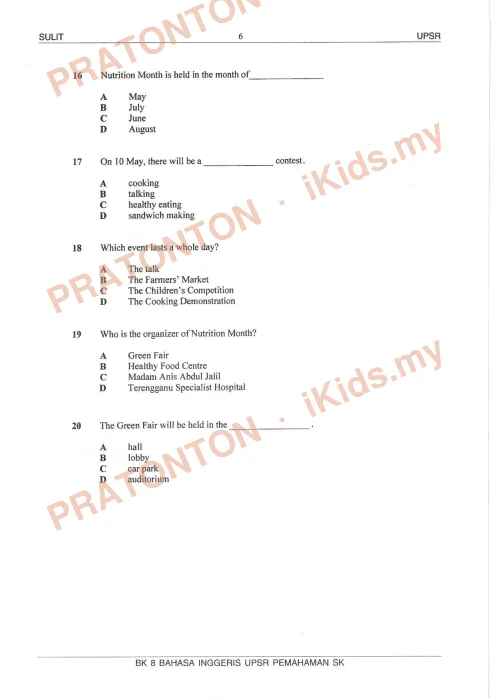 Pratonton muka 6 lembaran Bahan Kecemerlangan UPSR 2016 (BK 8) — Bahasa Inggeris SK Pemahaman — Bahasa Inggeris Tahun 6