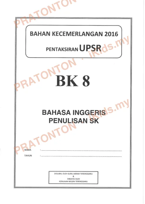 Pratonton muka 1 lembaran Bahan Kecemerlangan UPSR 2016 (BK 8) — Bahasa Inggeris SK Penulisan — Bahasa Inggeris Tahun 6