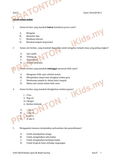 Pratonton muka 1 lembaran Bahan Sains — Sains Tahun 4