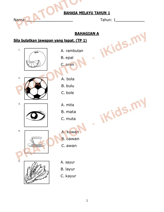 Pratonton muka 1 lembaran BAHASA MELAYU TAHUN 1 — Bahasa Melayu Tahun 1