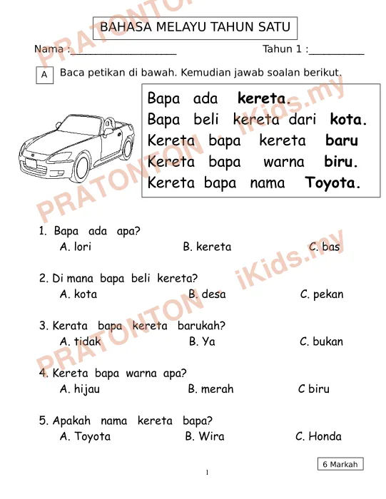 Pratonton muka 1 lembaran BAHASA MELAYU TAHUN SATU — Bahasa Inggeris Tahun 3