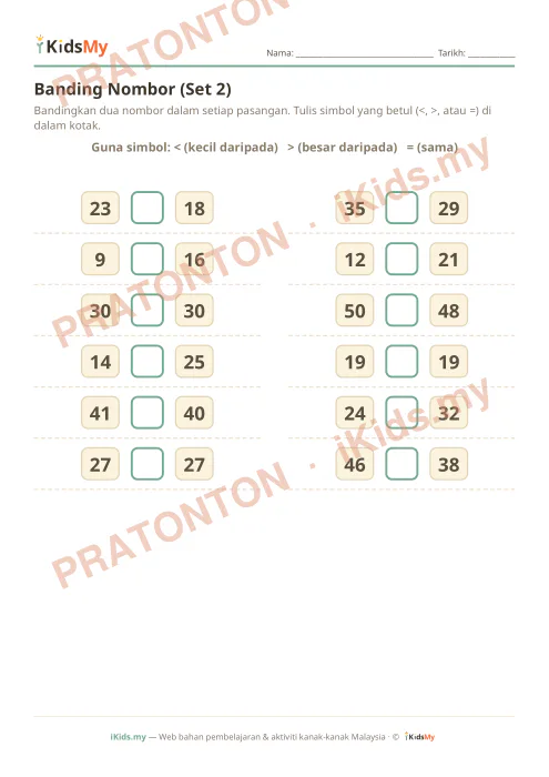 Pratonton muka 1 lembaran Banding Nombor (Set 2) — Matematik Tahun 1