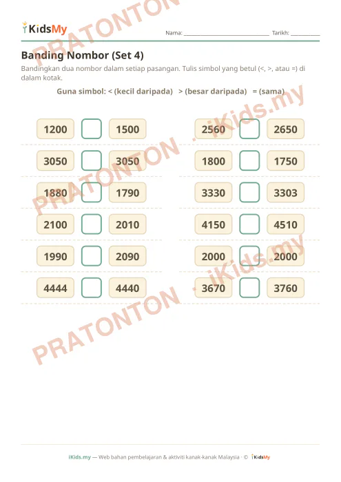 Pratonton muka 1 lembaran Banding Nombor (Set 4) — Matematik Tahun 4