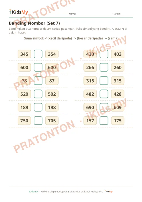 Pratonton muka 1 lembaran Banding Nombor (Set 7) — Matematik Tahun 3