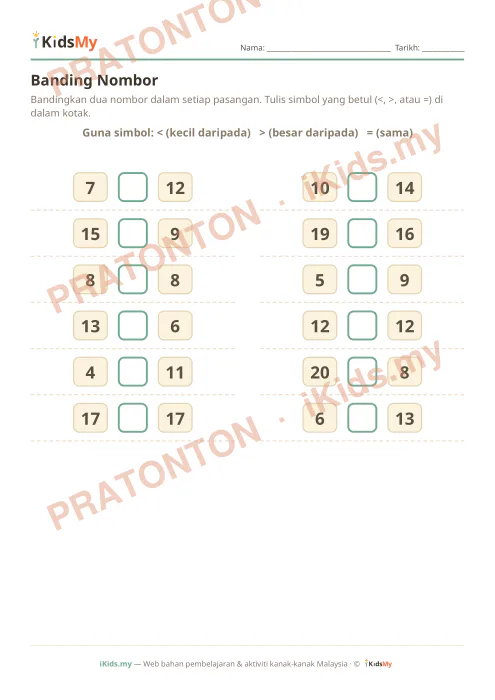 Pratonton muka 1 lembaran Banding Nombor — Matematik Tahun 1