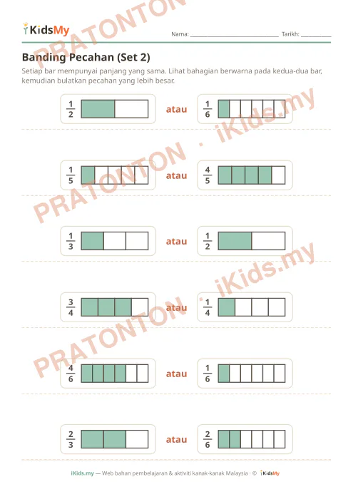 Pratonton muka 1 lembaran Banding Pecahan (Set 2) — Matematik Tahun 3