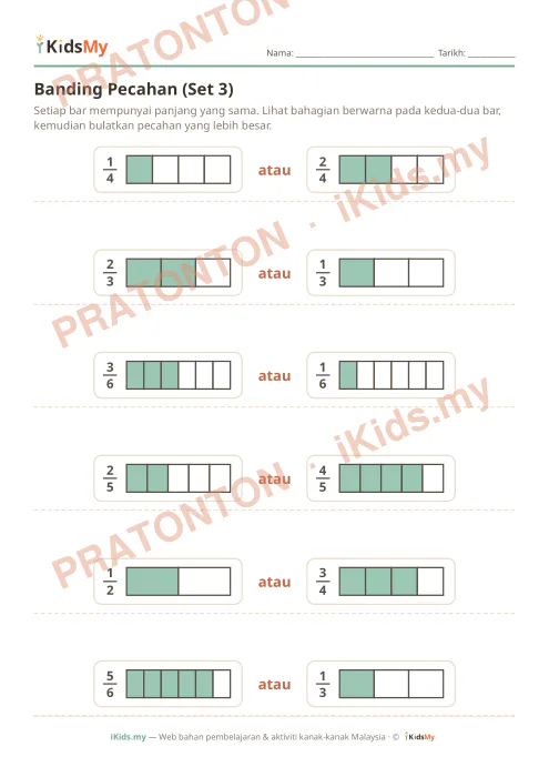 Pratonton muka 1 lembaran Banding Pecahan (Set 3) — Matematik Tahun 3
