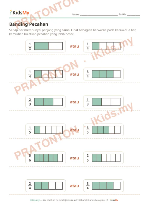 Pratonton muka 1 lembaran Banding Pecahan — Matematik Tahun 3
