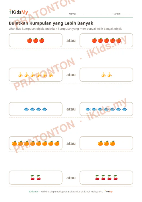 Pratonton muka 1 lembaran Bandingkan: Banyak atau Sedikit — Matematik Tahun 1