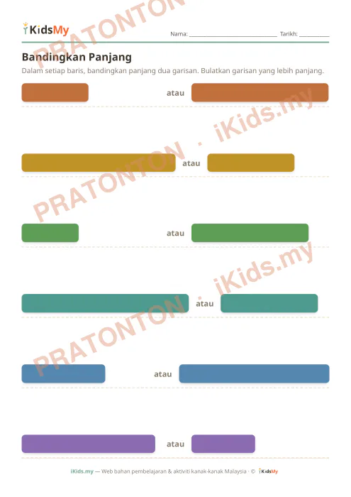 Pratonton muka 1 lembaran Bandingkan Panjang — Matematik Anak Istimewa