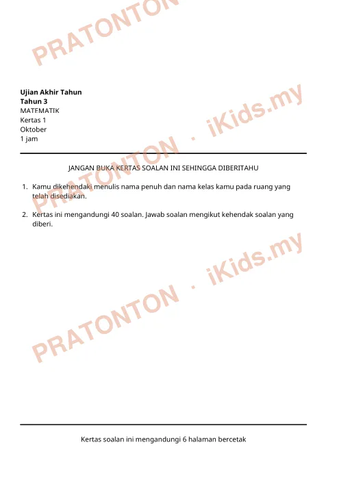 Pratonton muka 1 lembaran Kertas Soalan Matematik 19 — Matematik Tahun 3