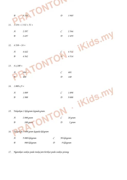 Pratonton muka 4 lembaran Kertas Soalan Matematik 19 — Matematik Tahun 3