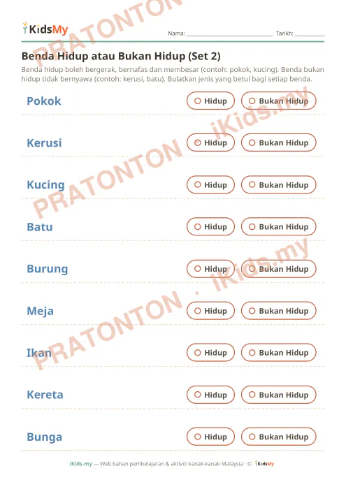 Pratonton muka 1 lembaran Benda Hidup atau Bukan Hidup (Set 2) — Sains Tahun 1