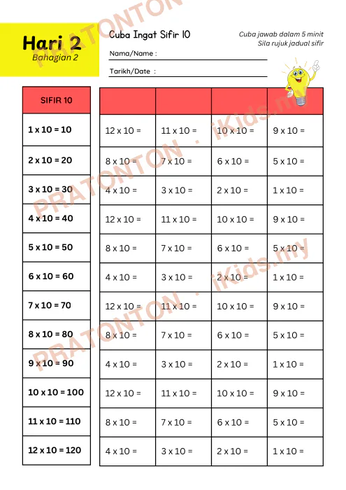 Pratonton muka 6 lembaran Bijak Sifir 10 Dalam 7 Hari — Matematik Anak Istimewa