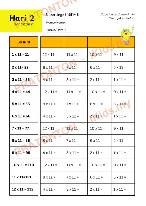 Pratonton muka 6 lembaran Bijak Sifir 11 Dalam 7 Hari — Matematik Anak Istimewa