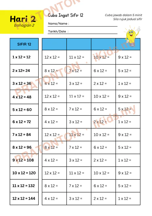 Pratonton muka 6 lembaran Bijak Sifir 12 Dalam 7 Hari — Matematik Tadika (2-6)