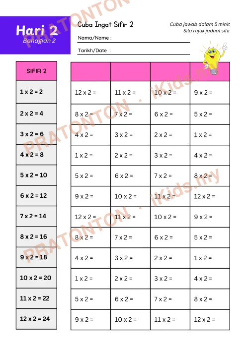 Pratonton muka 6 lembaran Bijak Sifir 2 Dalam 7 Hari — Matematik Tahun 2