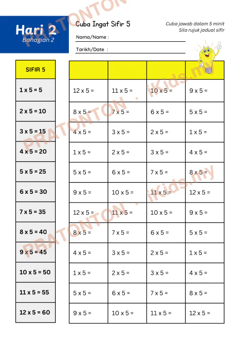 Pratonton muka 6 lembaran Bijak Sifir 5 Dalam 7 Hari — Matematik Tahun 1