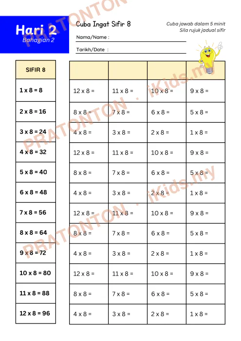 Pratonton muka 6 lembaran Bijak Sifir 8 Dalam 7 Hari — Matematik Tahun 3