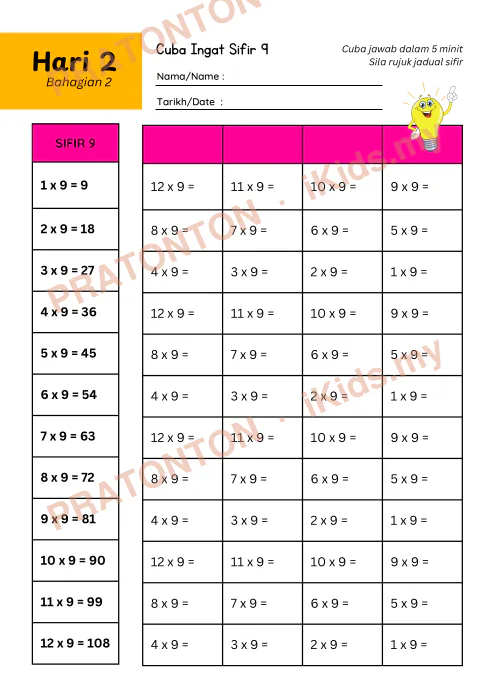 Pratonton muka 6 lembaran Bijak Sifir 9 Dalam 7 Hari — Matematik Tahun 3