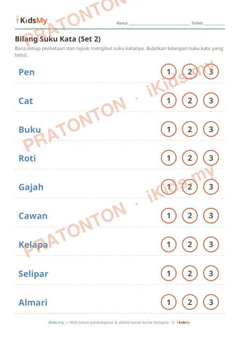 Pratonton muka 1 lembaran Bilang Suku Kata (Set 2) — Bahasa Melayu Tahun 1