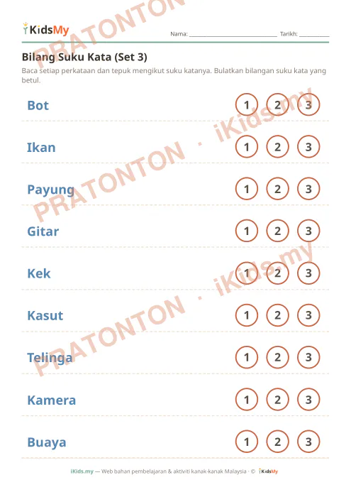 Pratonton muka 1 lembaran Bilang Suku Kata (Set 3) — Bahasa Melayu Tahun 1