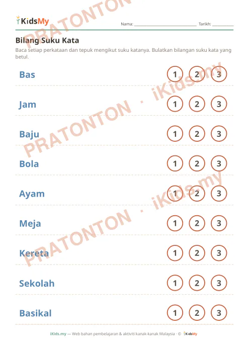 Pratonton muka 1 lembaran Bilang Suku Kata — Bahasa Melayu Tahun 1