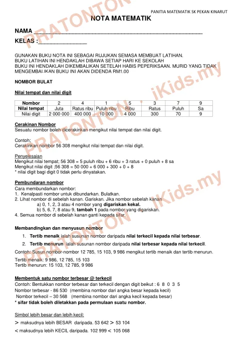 Pratonton muka 1 lembaran Buku Nota Matematik Tahun 6 — SK Pekan Kinarut — Matematik Tahun 6