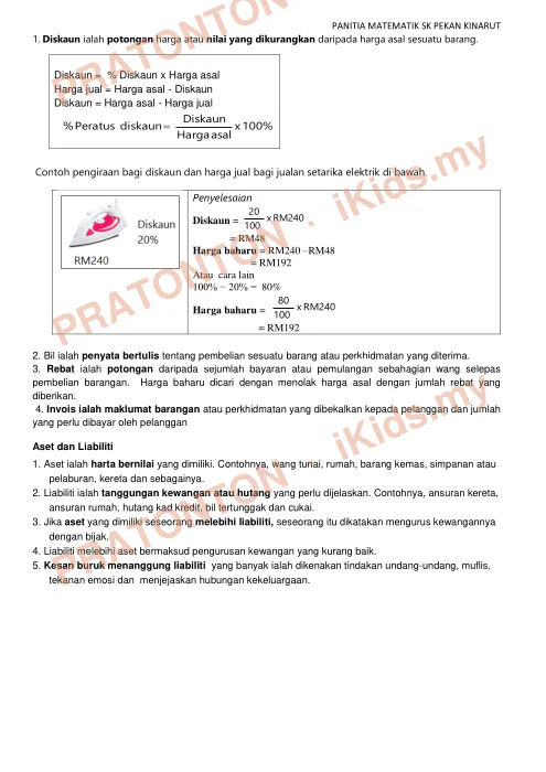 Pratonton muka 10 lembaran Buku Nota Matematik Tahun 6 — SK Pekan Kinarut — Matematik Tahun 6
