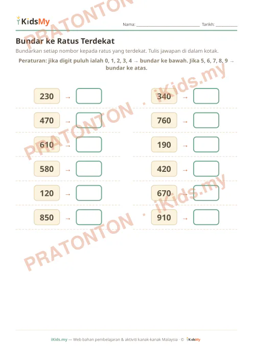 Pratonton muka 1 lembaran Bundar ke Ratus Terdekat — Matematik Tahun 3
