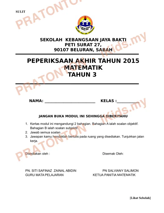 Pratonton muka 1 lembaran Kertas Soalan Matematik 12 — Matematik Tahun 3