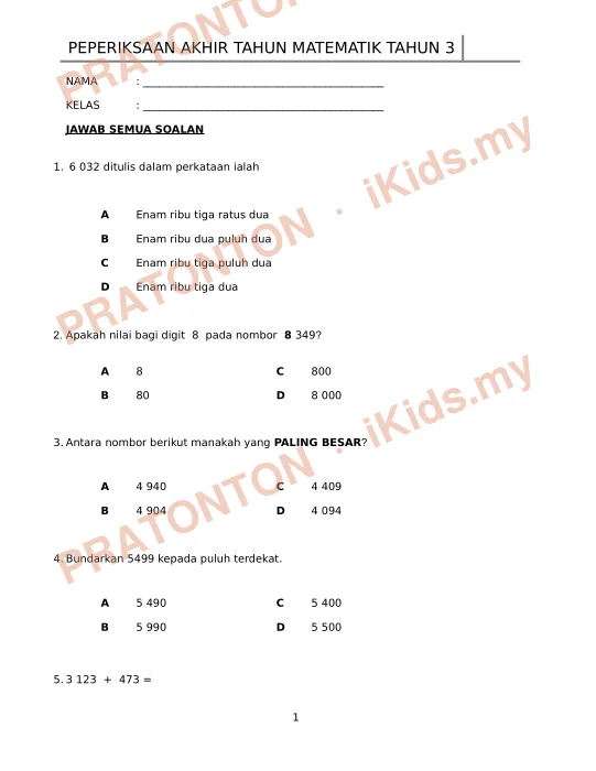 Pratonton muka 1 lembaran Kertas Soalan Matematik 5 — Matematik Tahun 3