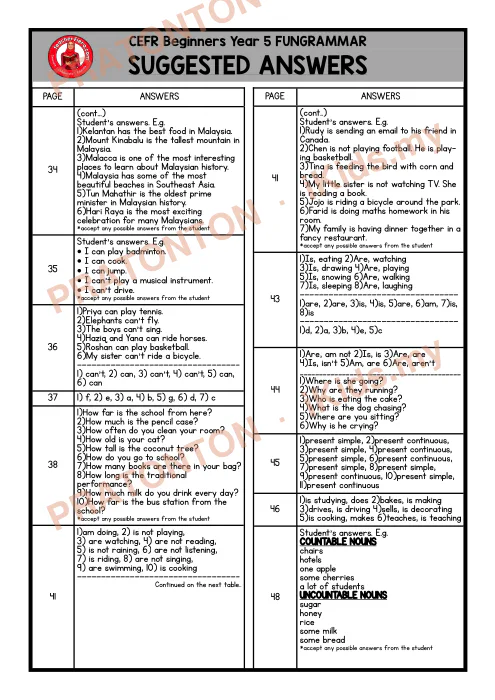 Pratonton muka 4 lembaran Cadangan Jawapan Fungrammar Tahun 5 — Bahasa Inggeris Tahun 5
