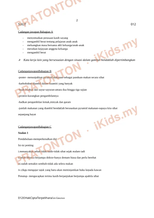 Pratonton muka 1 lembaran Cadangan Jawapan Penulisan Bahagian A — Bahasa Melayu Tahun 6
