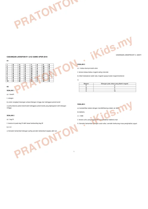 Pratonton muka 1 lembaran Cadangan Jawapan UPSR 2019 — Sains Kertas 1 dan 2 — Sains Tahun 6