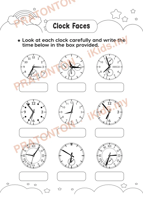 Pratonton muka 3 lembaran Clock Faces — Matematik Tahun 4