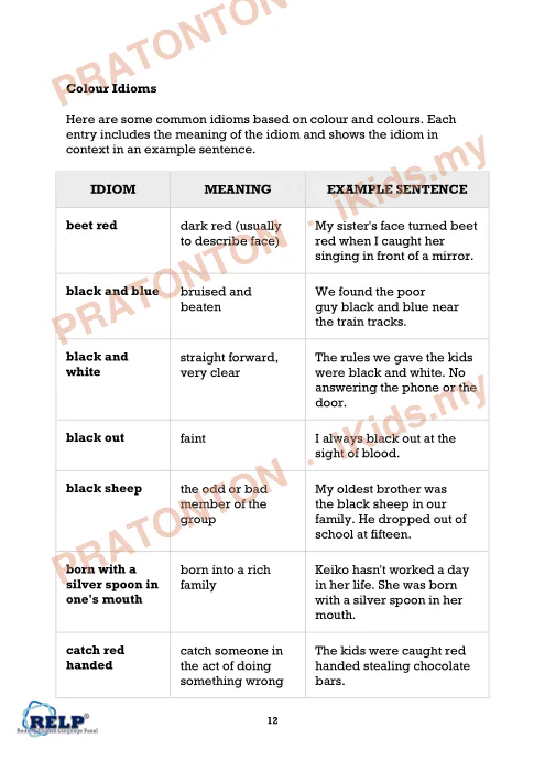 Pratonton muka 1 lembaran Colour Idioms — Bahasa Inggeris Tahun 1