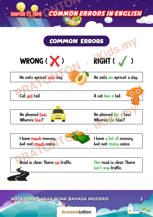 Pratonton muka 1 lembaran COMMON ERRORS — Bahasa Inggeris Tahun 1