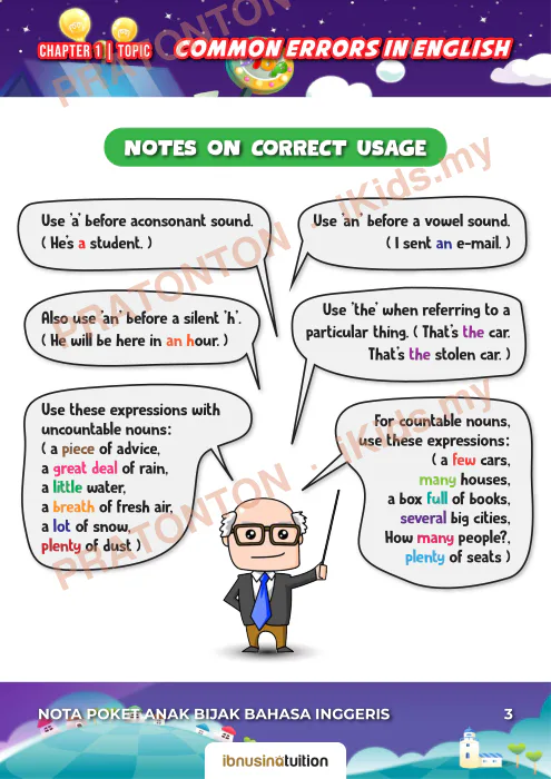 Pratonton muka 2 lembaran COMMON ERRORS — Bahasa Inggeris Tahun 1