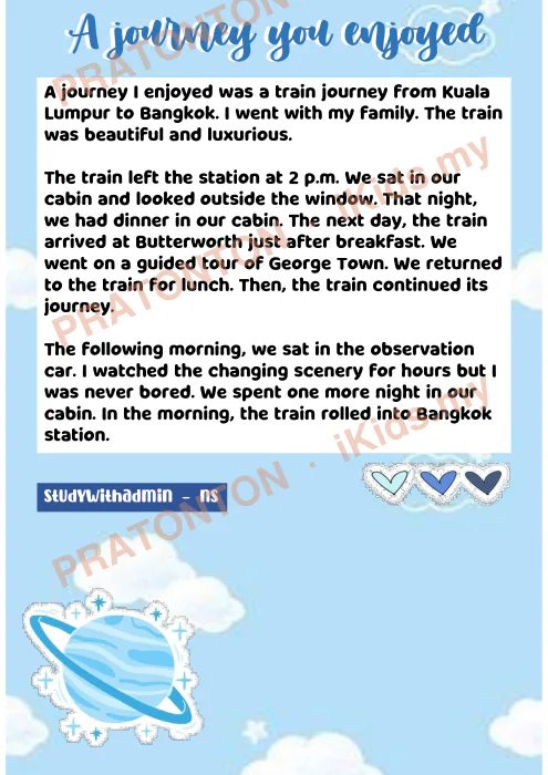 Pratonton muka 1 lembaran Contoh Karangan Bahasa Inggeris — A Journey You Enjoyed — Bahasa Inggeris Tahun 6