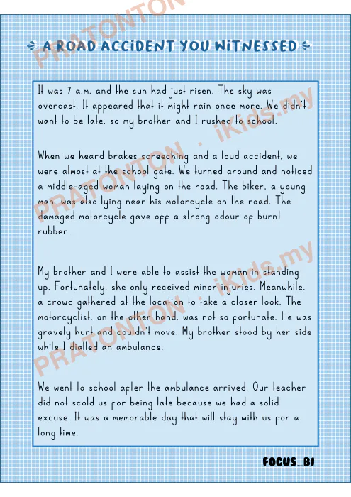 Pratonton muka 1 lembaran Contoh Karangan Bahasa Inggeris — A Road Accident You Witnessed — Bahasa Inggeris Tahun 6